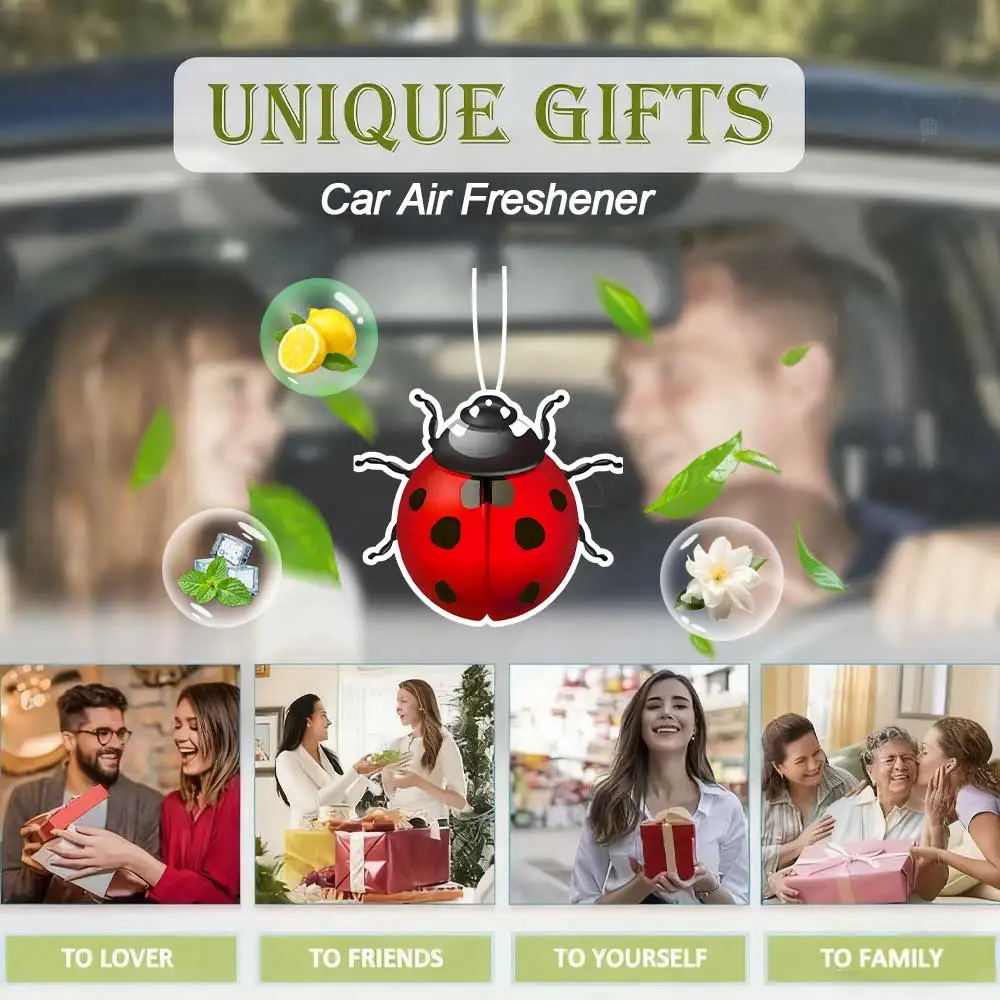 7-star ladybug car aromatherapy pendant, red/blue colors, long-lasting fragrance. Trendy car/home decor & creative gift.