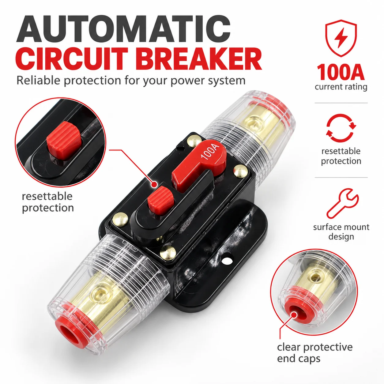 12V-24V Truck Resettable Car 30A 40A 50A 60A 80A 100A Short Fuse Audio Camping Accessories Equipment Battery Disconnect Mass