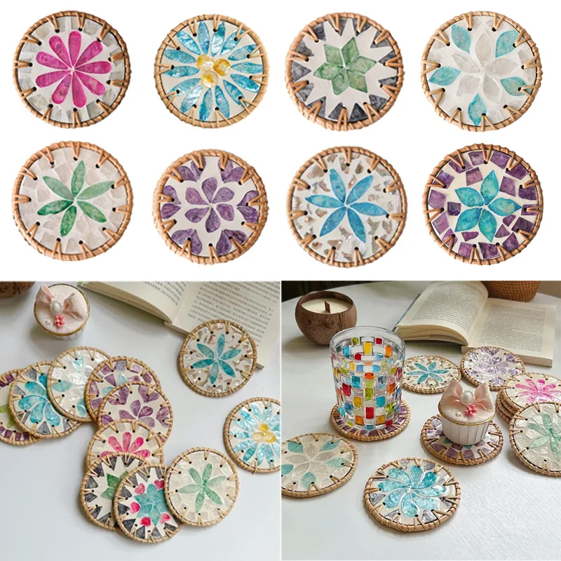 Handmade Colorful Seashell Art Rattan Coaster Handcrafted Flower Pattern Dining Table Artistic for Home Kitchen Cup MatCoffeeTea