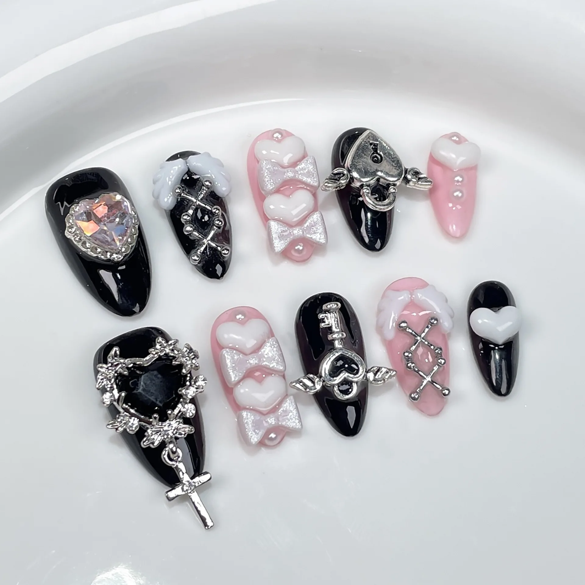 10Pcs Almond Handmade Press On Nails Bowknot Fake Nail Full Cover Metallic Glitter Spice Girl French Design Manicure False Nails