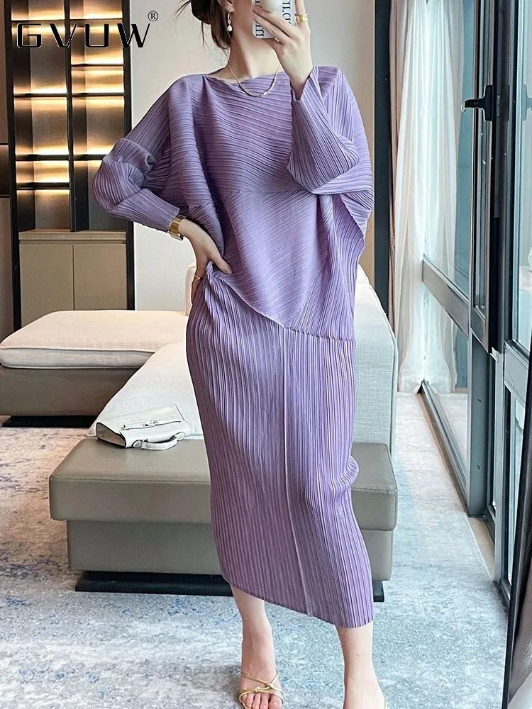 GVUW Pleated Dress Women Full Batwing Sleeve Evening Party Summer Medium Long New Solid Color 2024 Female Clothing 17G5971