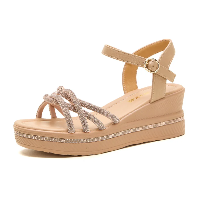 

6.5cm Fashion Elegant Rhinestone Soft Leather Sandals Platform Shoes 2026 Summer Women's Med Heels Wedges Sandals for Office Mom