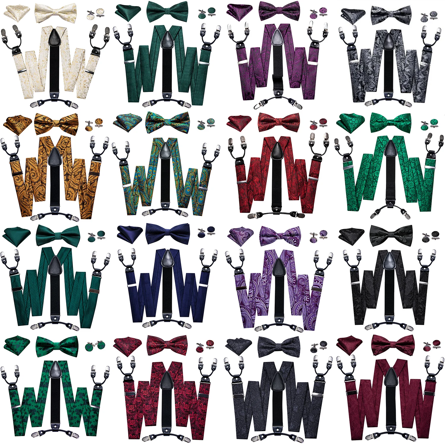 Blue Burgundy Red Mint Green Purple Ivory Mens Suspender Adjustable 6 Clips Braces Bowtie Hanky Cufflinks Set Barry.Wang