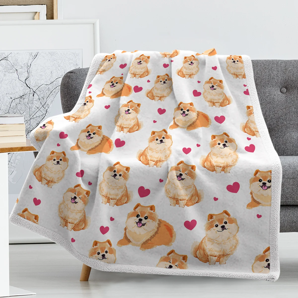 Coperta da tiro Pomeranian coperta stampata per cani Pomeranian simpatico cartone animato coperta Sherpa Super morbida per divano letto