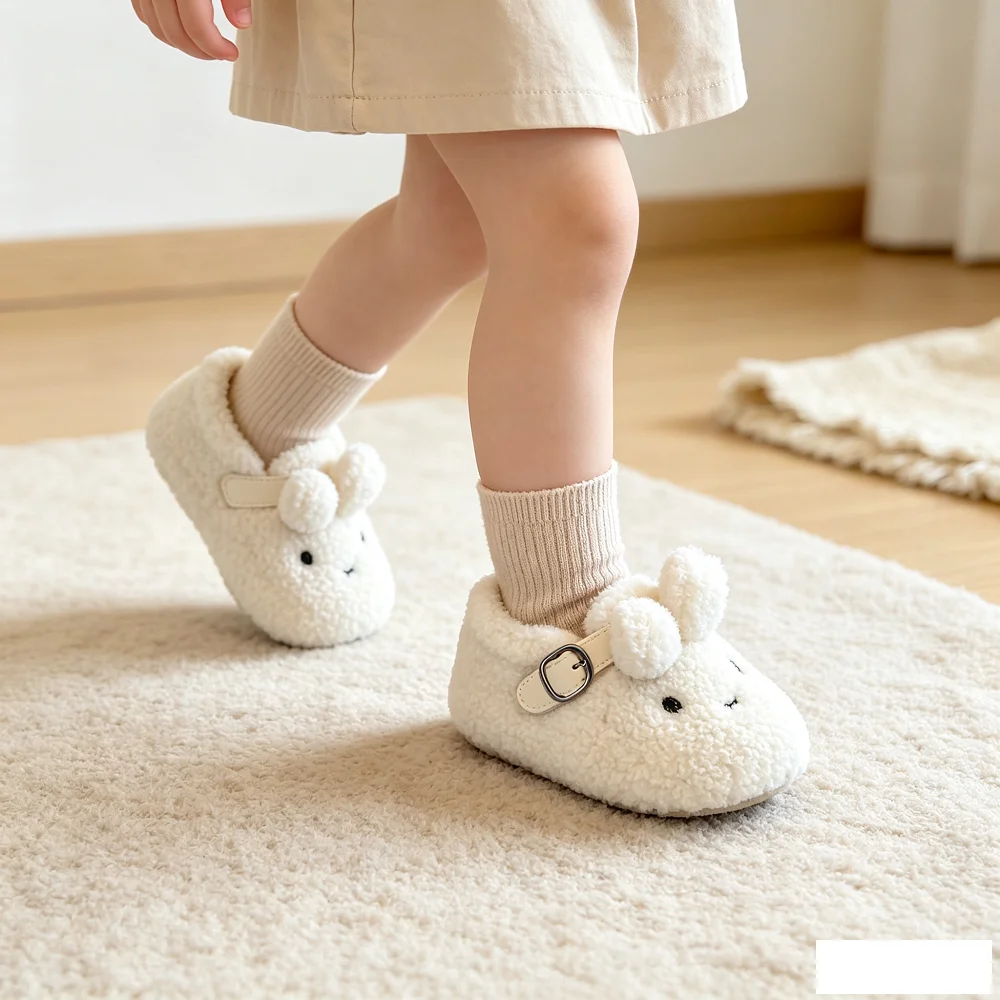 Toddler Girls Cute Bunny Fuzzy Shoes, Fleece Lined Buckle Strap Warm Non Slip Winter Flat Shoes for Daily Wear