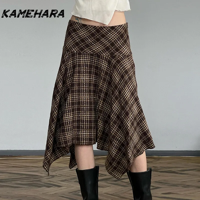 

KAMEHARA Spring Retro Plaid Contrasting High Waisted Irregular Skirt Y2k Punk Shibuya Street Spicy Girl Chic Slimming Half Skirt