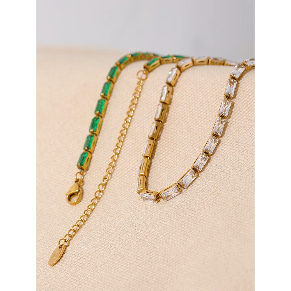 Yhpup Waterproof Fashion White Green Cubic Zirconia Stainless Steel Gorgeous Necklace Bracelet Elegant Charm Jewelry Sets Women