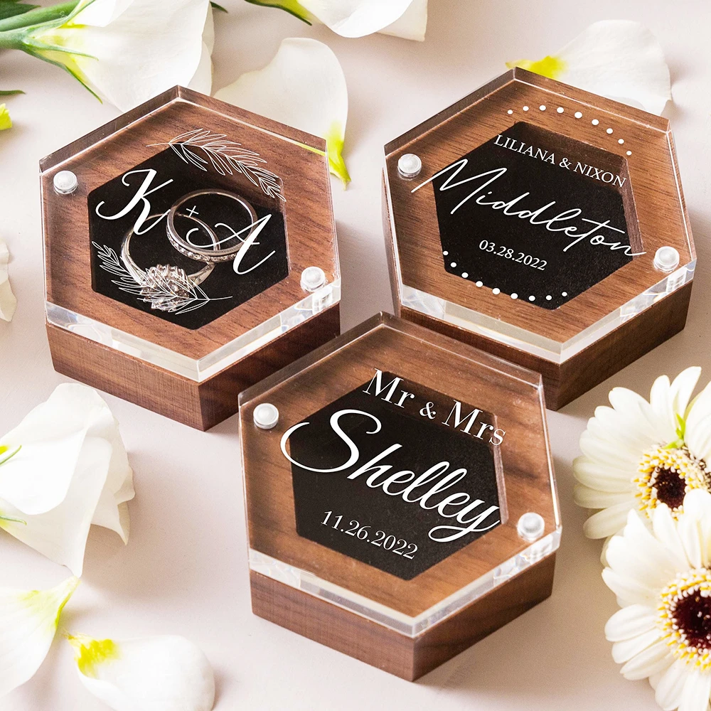 Personalized Acrylic Wood Wedding Ring Box, Custom Hexagon Engagement Ring Bearer Box, Bride and Groom Gift