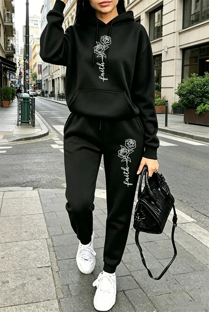 2026 New in Womens Outfits Printing Casual Hooded Sweatshirts Outdoors Sports Jogging Clothing Fall Winter Single Hoodie Pants