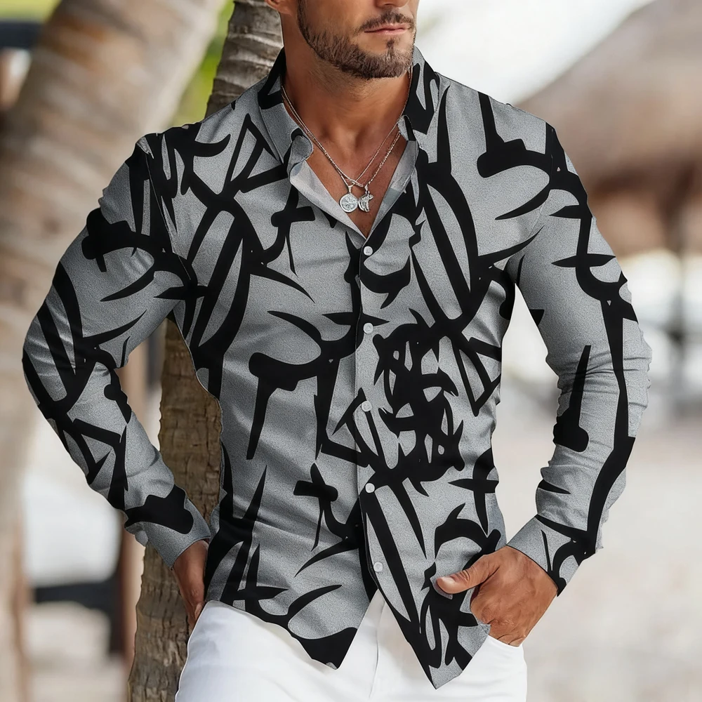 

New Men's Irregular Pattern 3D Printed Shirt Hawaii Beach Vacation Outdoor Long Sleeve Shirt Simple Business Casual Top