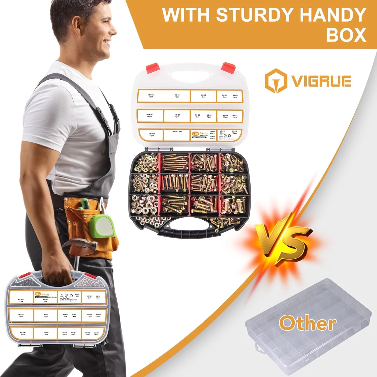 

250 sets of 8.8 grade metric bolts and nuts combination kits, M5, M6, M8 flange hexagonal nuts and bolts, yellow galvanized