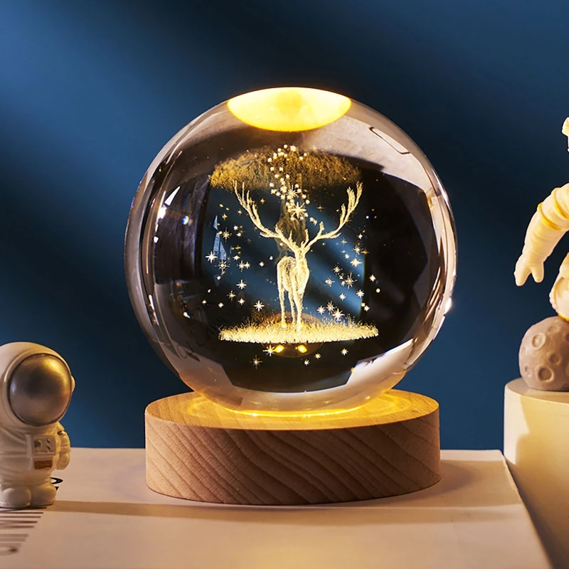 3D Table Lamp 8cm Crystal Ball Universe Series Night Light Solid Wood Base Glowing Crystal Led Light Small Ornament Milky Way