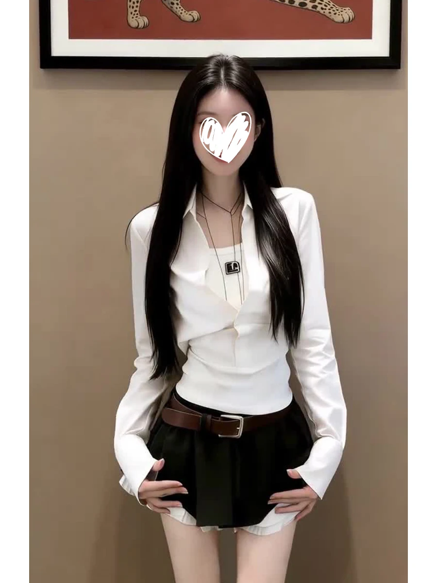 

White Slimming Fake Two-Piece Women's Shirt Spring Fashion Collar Long Sleeve Blouse Half Skirt Set Casual Style High Waist