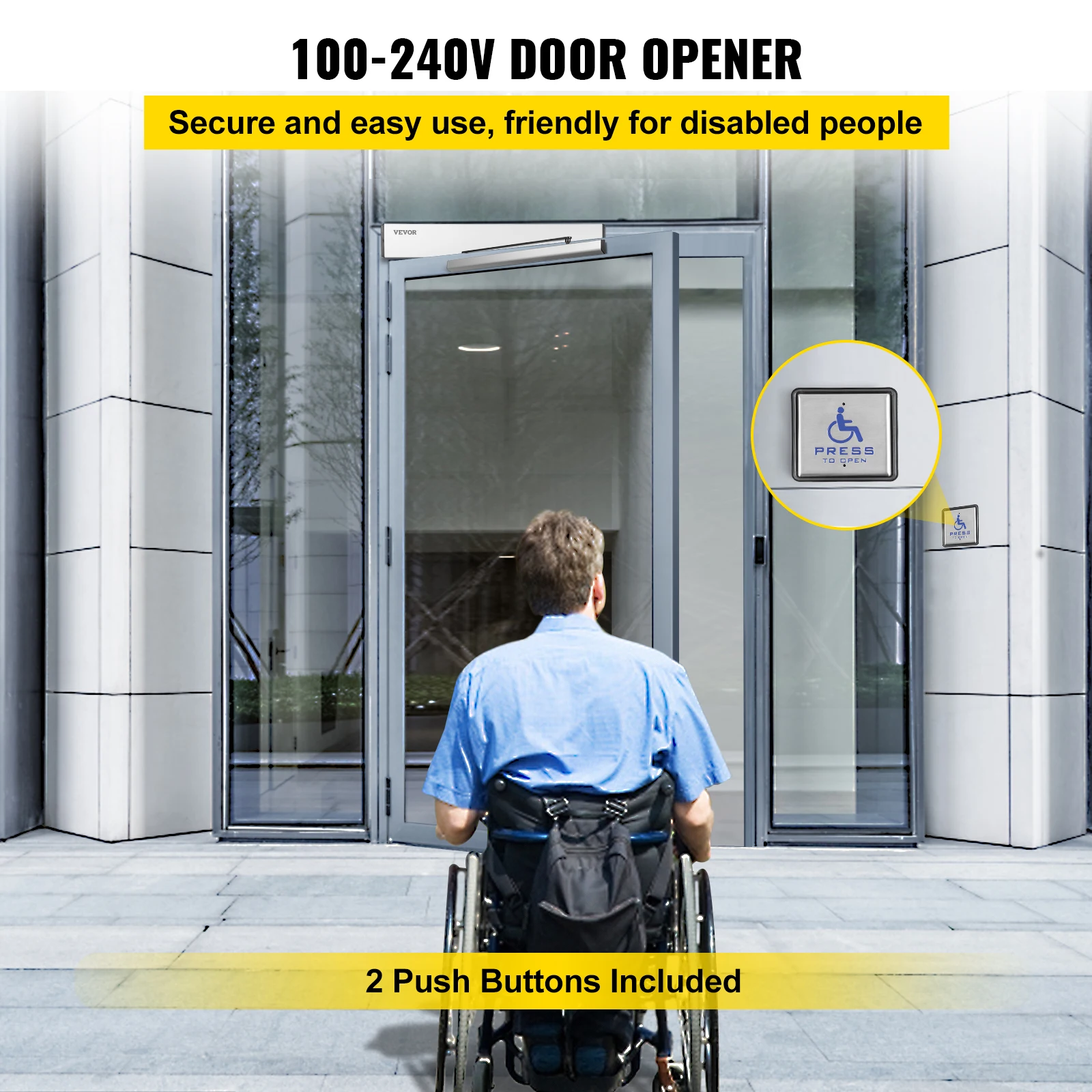 SucceBuy Automatic Door Opener 100-240V for Max 220lbs Doors, Swing Door Operator for Disabilities for Office School Hospital