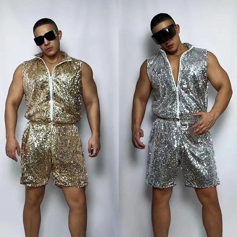 Gold Silver Sleeveless Zipper Jumpsuit Male Jazz Hip Hop Dance Overalls Costume Bar Nightclub DJ Gogo Performance Stage Wear