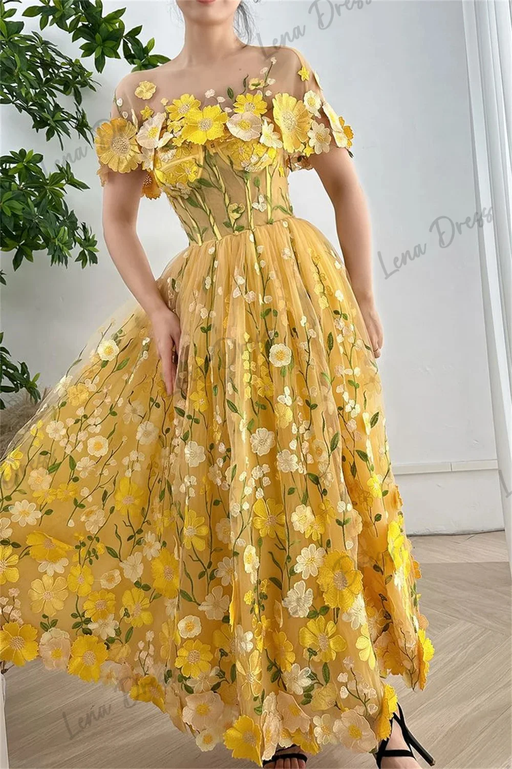 Lena-Yellow Flower Sticker Ball Dress A-line Evening Dress Elegant Detachable Shawl and Ankle Vestidos Verano Moda 2024