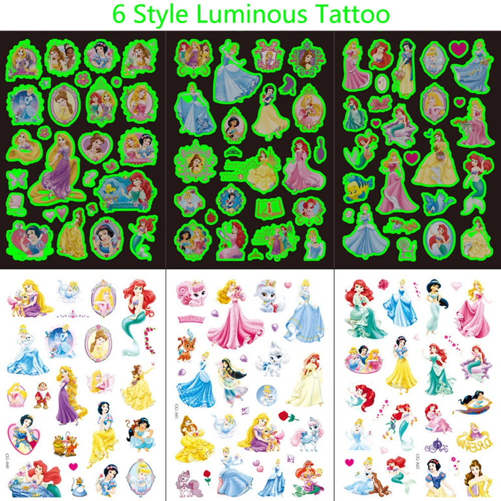 1Pcs Disney Princess Luminous Tattoo Sticker Cartoon Snow White Aurora Children Arm Face Glowing Tattoo Disposable Body Tattoo