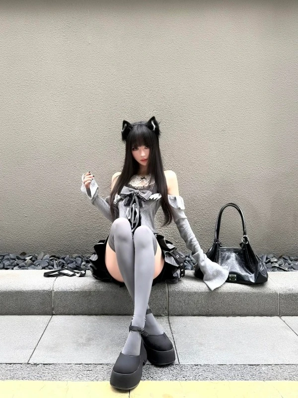 Japanese Sweet College-Style 3-Piece Set Women Gray Knit Cardigan + Halter Inner Top + Layered Cake Skirt Cute Elegant Outfit