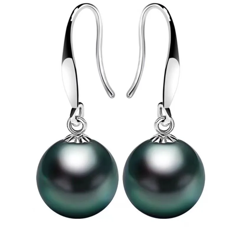 Pair 11-13mm Black Green Perfect Round Pearl Dangle Earrings Women Simple Wedding Party Jewelry Accessories Stud Hook 866AAA