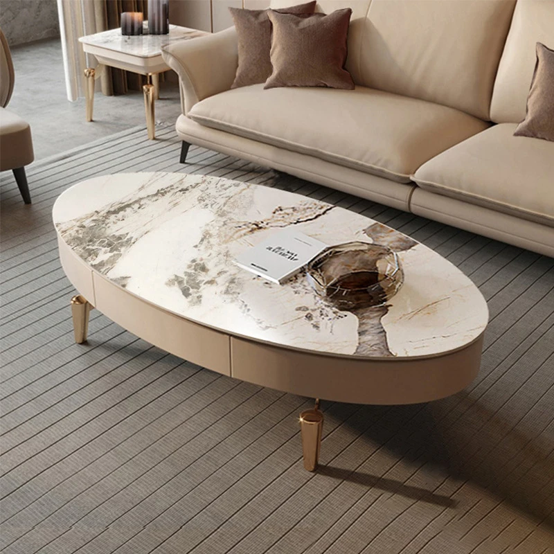

Living Room Deluxe Marble Coffee Table Gold Metal Light Emitting Diode Rectangle Central Control Table with 2 Drawers