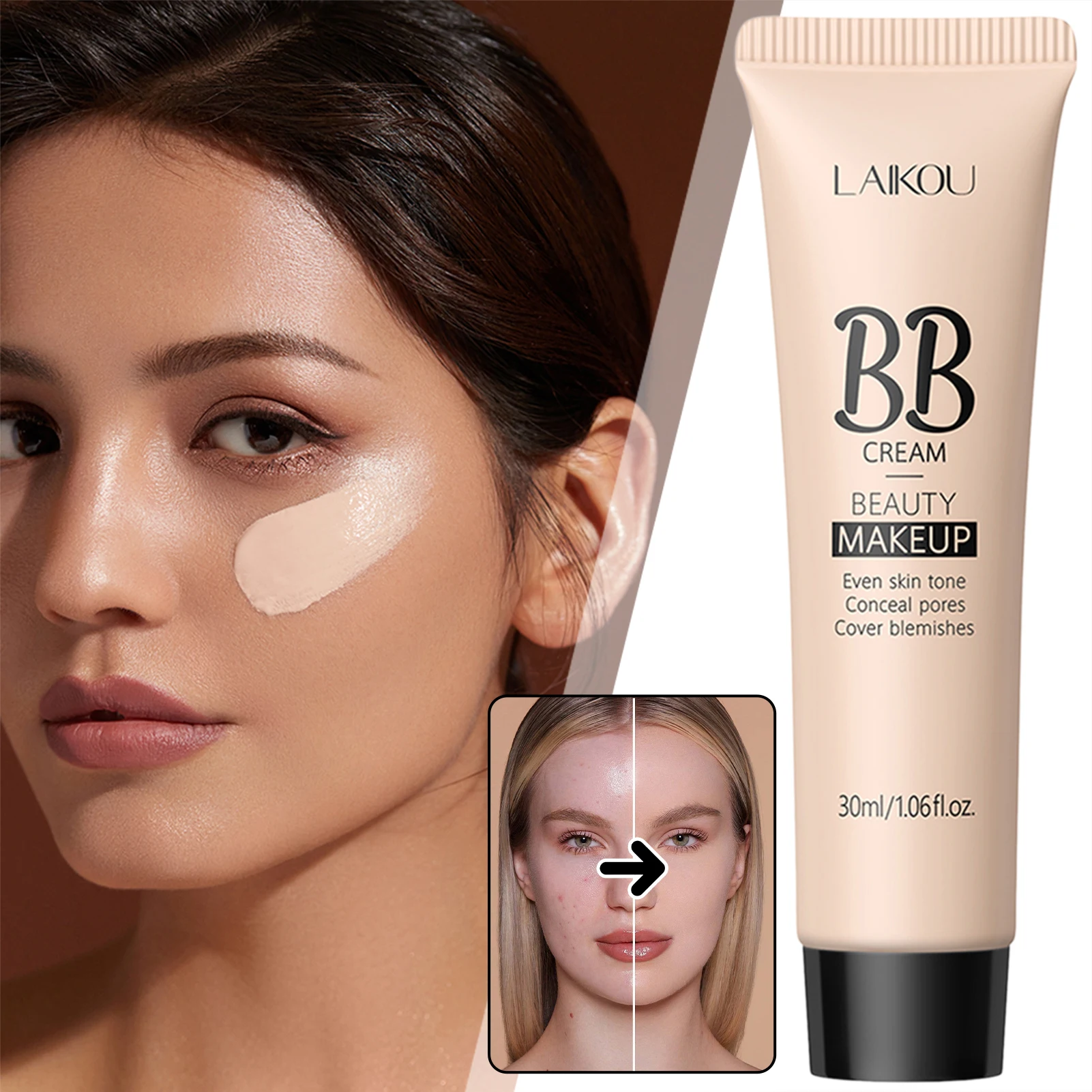 

30ml BB Cream,Flaw-Less Coverage Pore Blurring Foundation-Concealer,Face Base Makeup Concealer,For Face Cosmetics Tool