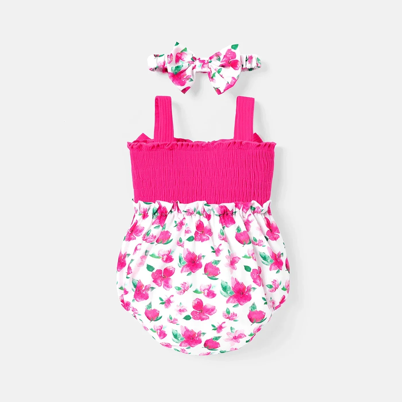 PatPat 2pcs Baby Girl Solid & Floral-print Spliced Bow Front Sleeveless Romper with Headband Set Suitable for Summer Season