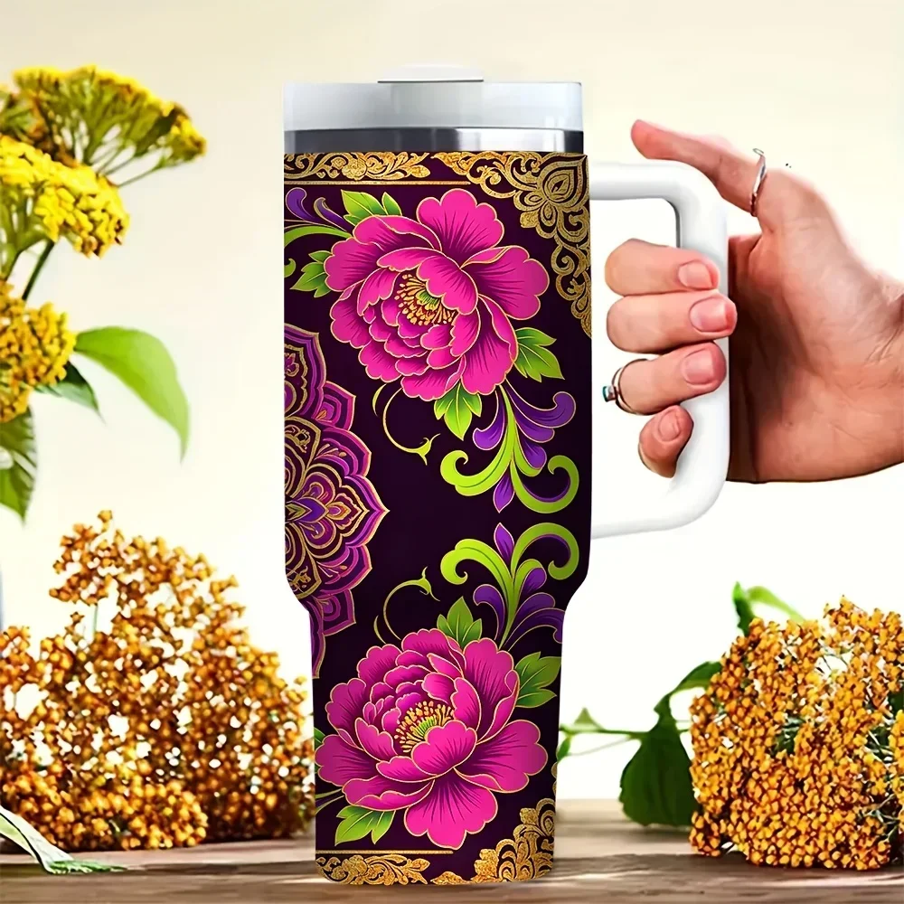 40oz Insulated Tumbler with Handle, Cute Cat And Bright Peony Flower Printed Tumbler, Suitable for Cat Lovers, Fits Cold And Hot Drinks for Daily Use Outdoor Travel Camping Hiking