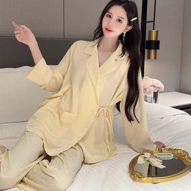 

Long Sleeve Pajamas Suit Rayon Home Clothes Women Nightwear Spring Summer New Shirt&pants 2Pcs Loungewear Sleepwear Pyjamas