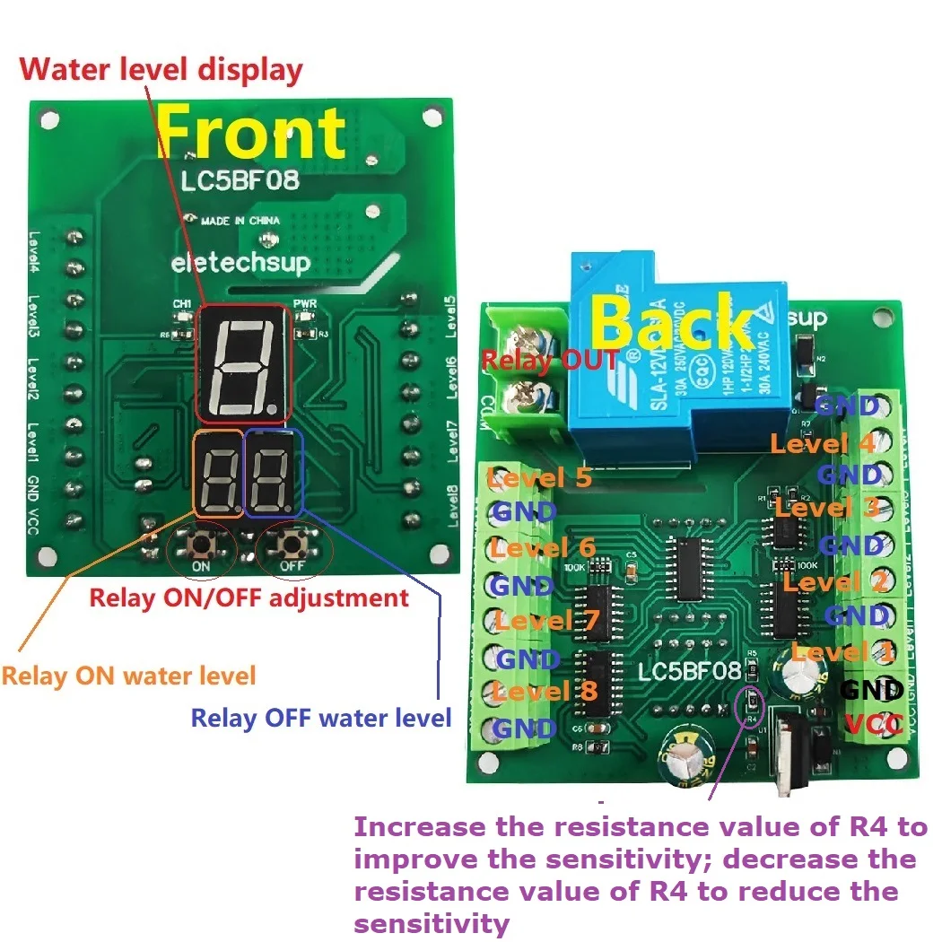 LC5BF08 DC12V 30A 8Levels Multi-function Water Level  Pump Pour Display Controller Liquid Sensor Automatic Controll Relay Module