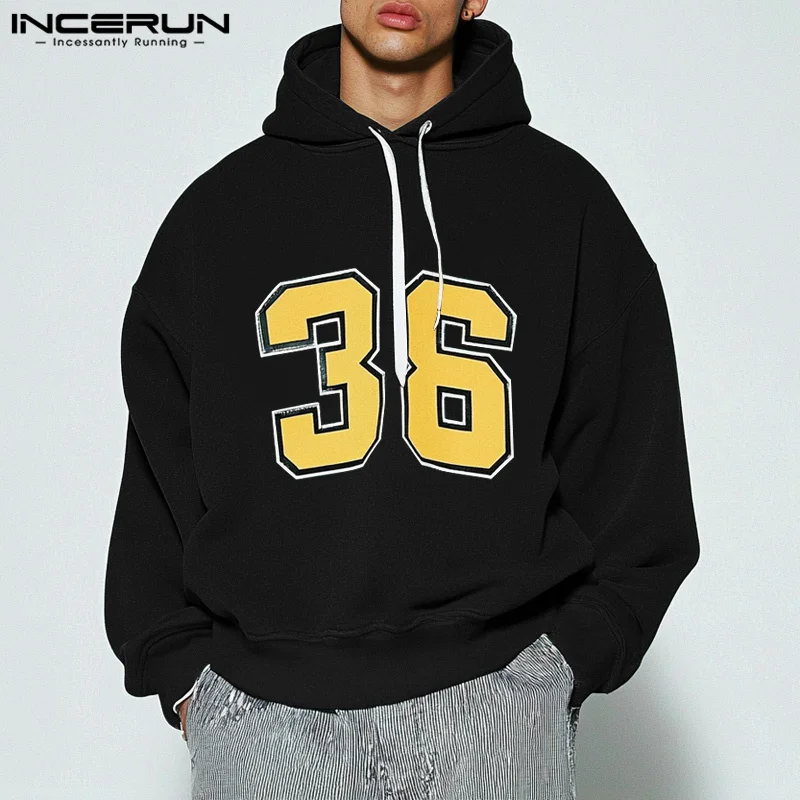 2024 INCERUN Men Casual Long Sleeve Hooded Sweatshirts Sport Style Digital Printing Loose Pullovers Simple Handsome Male Jumpers