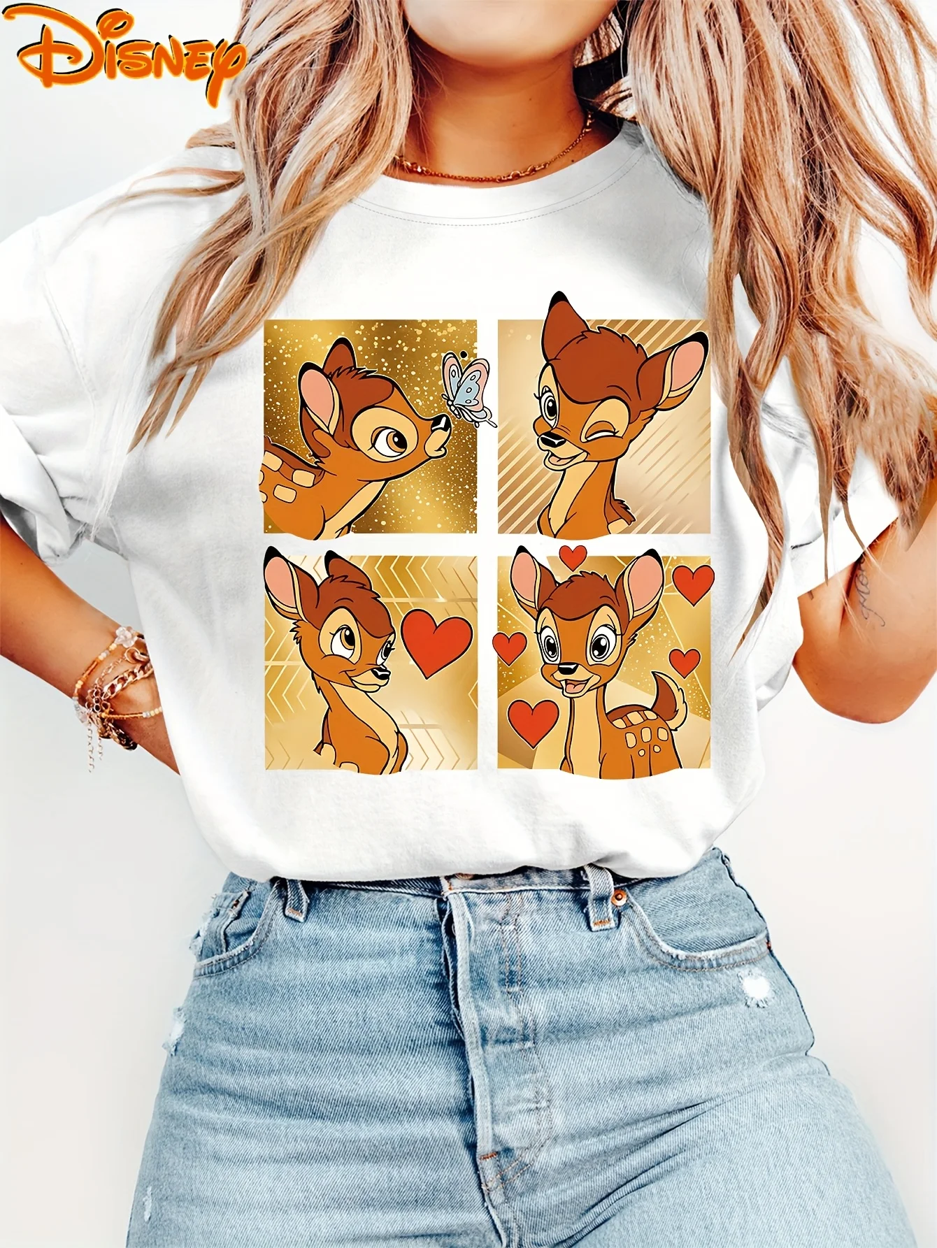 

2025 Disney Pattern Printed Women's Casual Comfortable Unique Smiling Face Black Round Neck Short Sleeve T-shirt
