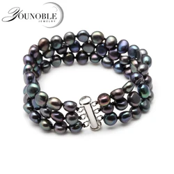 Real Beautiful freshwater 3 rows pearl bracelet for women,girls birthday gift trendy black bracelet 925 silver jewelry