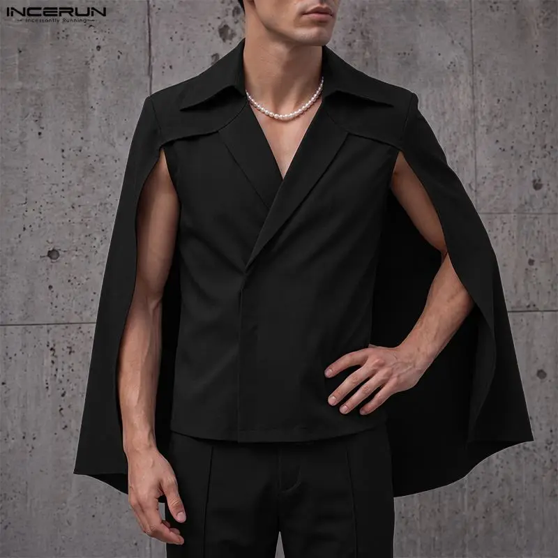 INCERUN Men's Jackets Solid Lapel Long Sleeve Casual Ponchos For Man Cloak Cape Streetwear Personality Fashion Irregular Coats