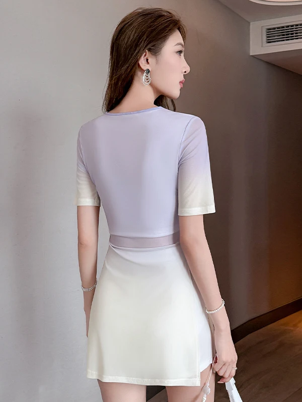 Gradual Purple Chinese Style Foot Massage Technician Uniform V-Neck Chiffon Summer Thin Soft Workwear White Pants Dress