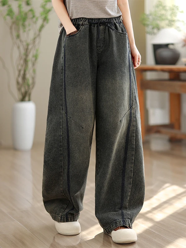 

Retro Washed Denim Jeans Women's Spring Autumn Loose Casual Straight Leg Pants High Waist Cotton 100% Blue Pure Color