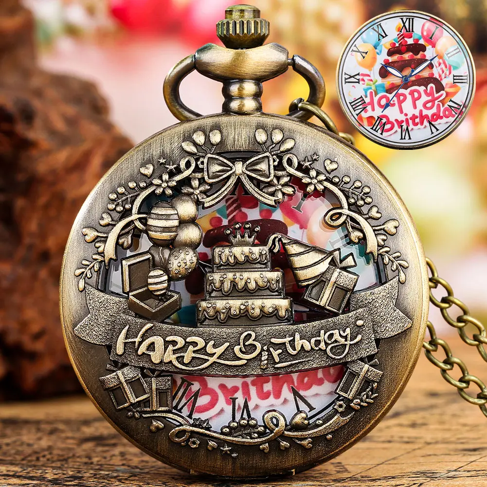 Unique Happy Birthday Cake Vintage Bronze Steampunk Pocket Watch for Antique Gift Accessories