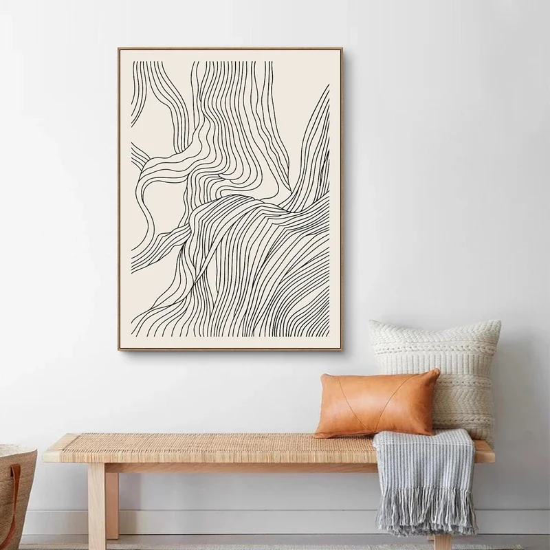 الشمال أبيض وأسود قماش اللوحة خطوط مجردة الجبال البعيدة والمياه المتدفقة جدار صورة فنية لديكور غرفة المعيشة #4