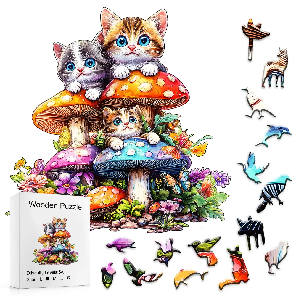 Wooden Puzzles for Adults, Cat Family Wooden Jigsaw Puzzles for Adults, Mushroom Kitten Wood Puzzles Adult, Unique Animal Shape
