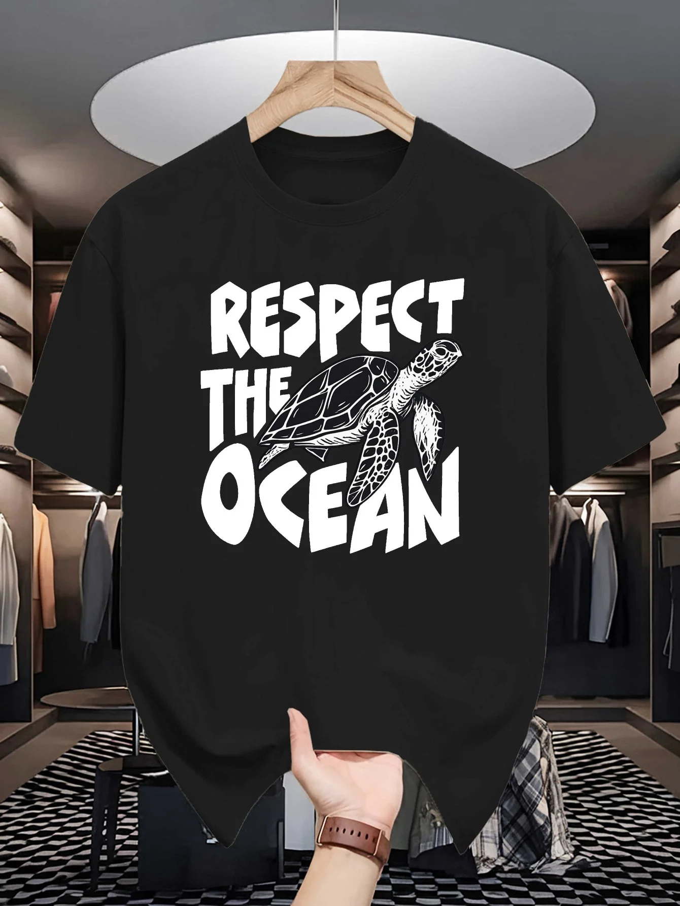 Male White Round Neck T Shirt Retro Respect The Ocean Slogan Hand Drawn Sea Turtle Print Ocean Protection Lover Daily Cotton Tee