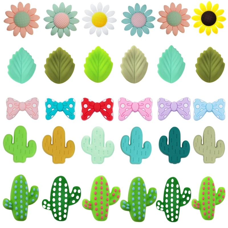 10Pcs Silicone Leaf Cactus Flower Bow Beads Food Grade DIY Necklace Accessories Jewelry Bracelet