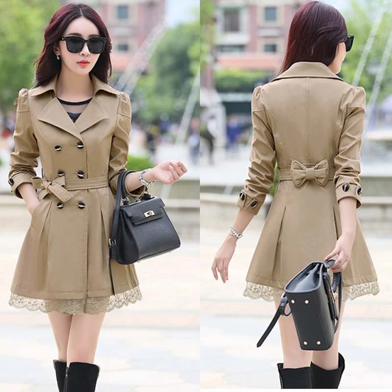 Spring Autumn Women's Brand-New Long Double-Breasted Waistband Windbreaker Leisure Slim Fashion Coat With Lined