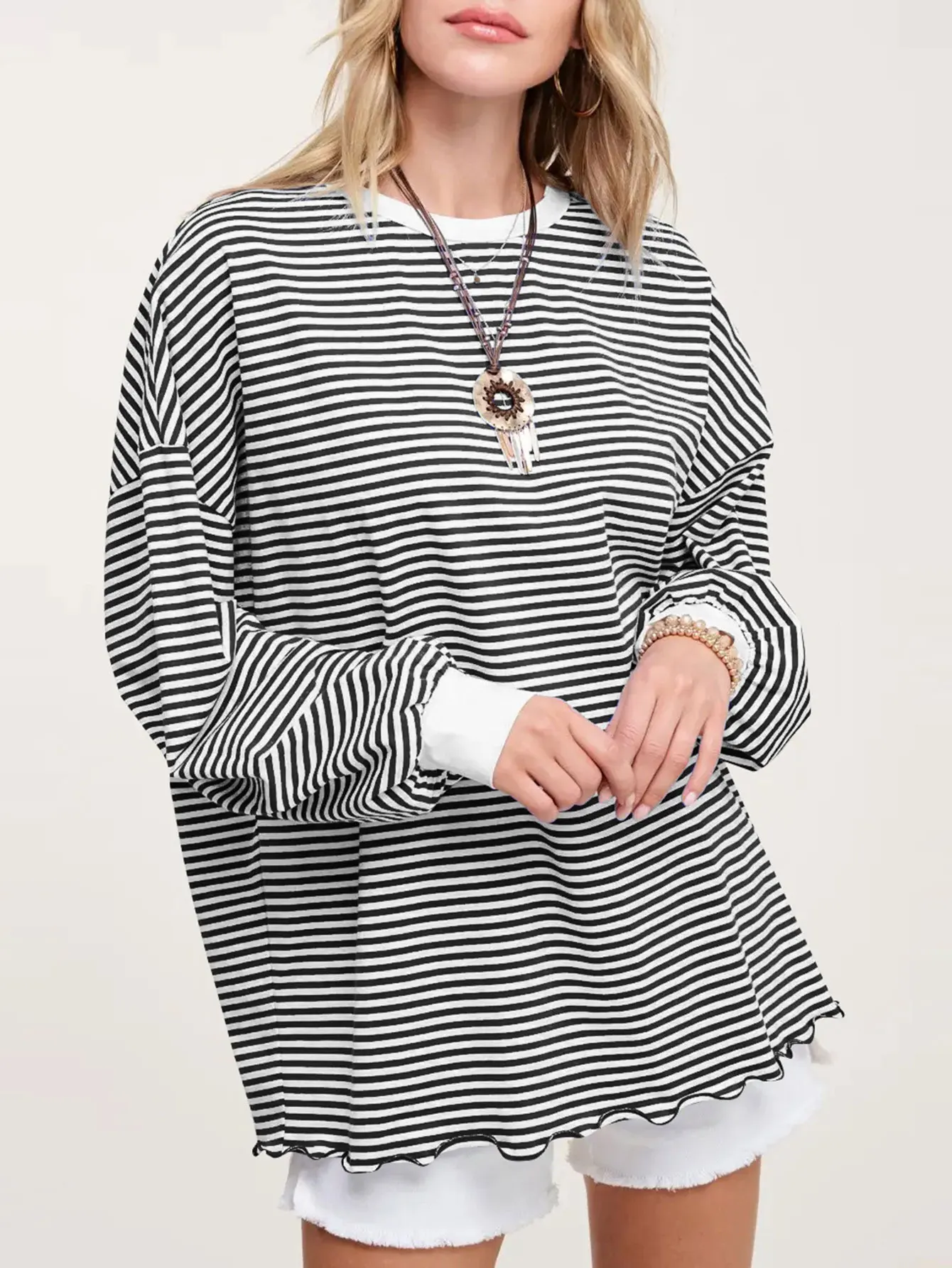 

Women's Autumn T-Shirts Daily Basic Stripes Long Sleeve Crew Neck Loose Fit Casual Top for Fashionable Women