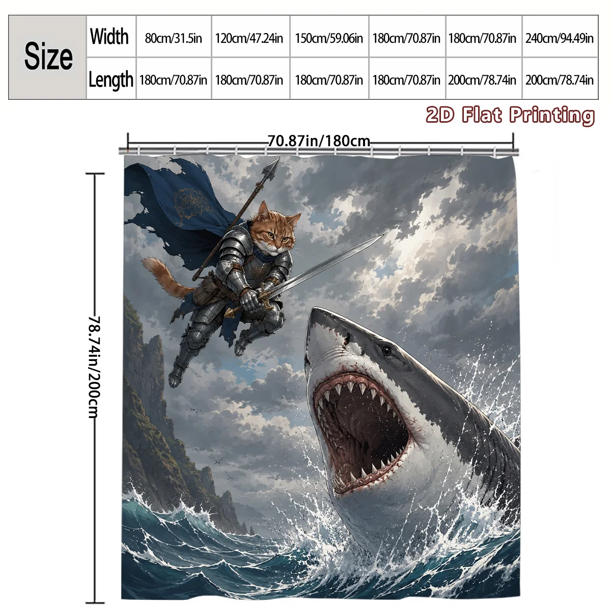 Waterproof Polyester Bathroom Shower Curtain Shark Knight Fantasy Art Medieval Warrior Dramatic Ocean Scene Home Decor Gift Idea
