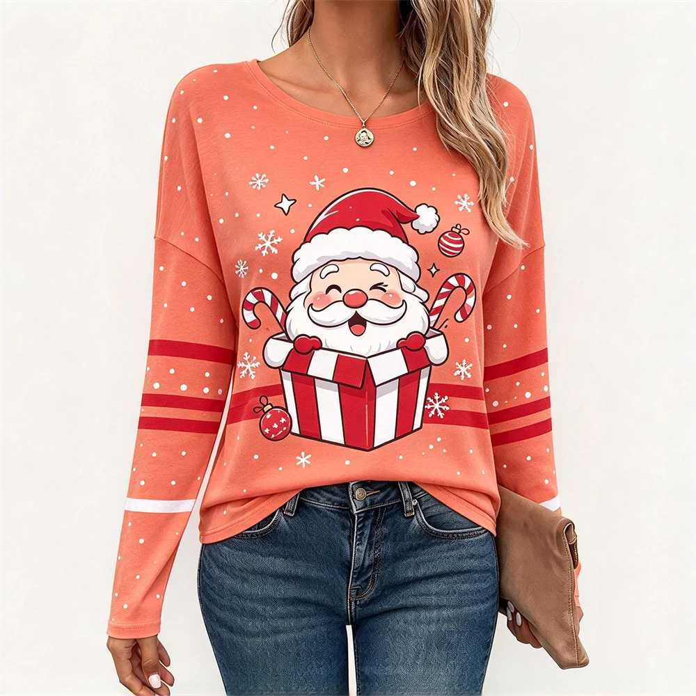 Women Christmas Santa Claus Long Sleeve T-shirt Plaid Stripe Tops Cute Xmas Graphic Print Casual Pullover Ladies Soft Tee Shirts