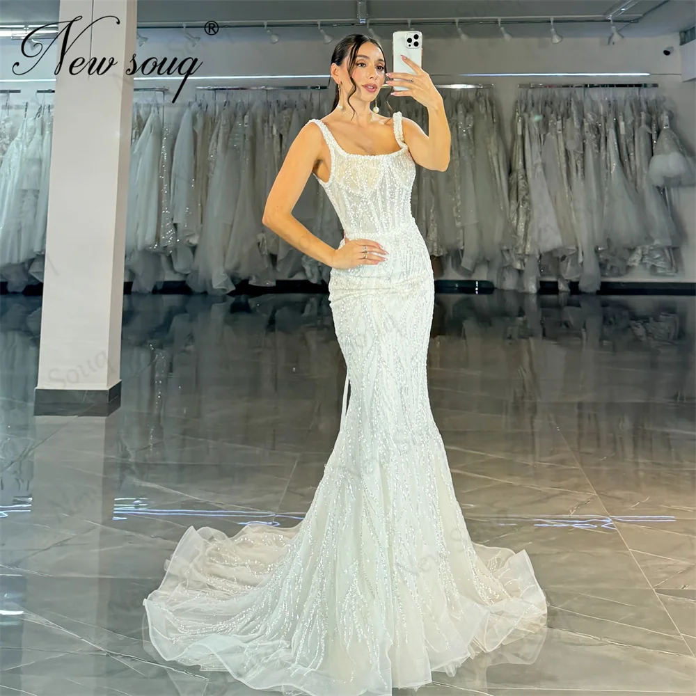 Two Pieces White Evening Dresses Custom Robes De Soiree Spaghetti Straps Sweep Train Wedding Party Dress Beading Cocktail Dress