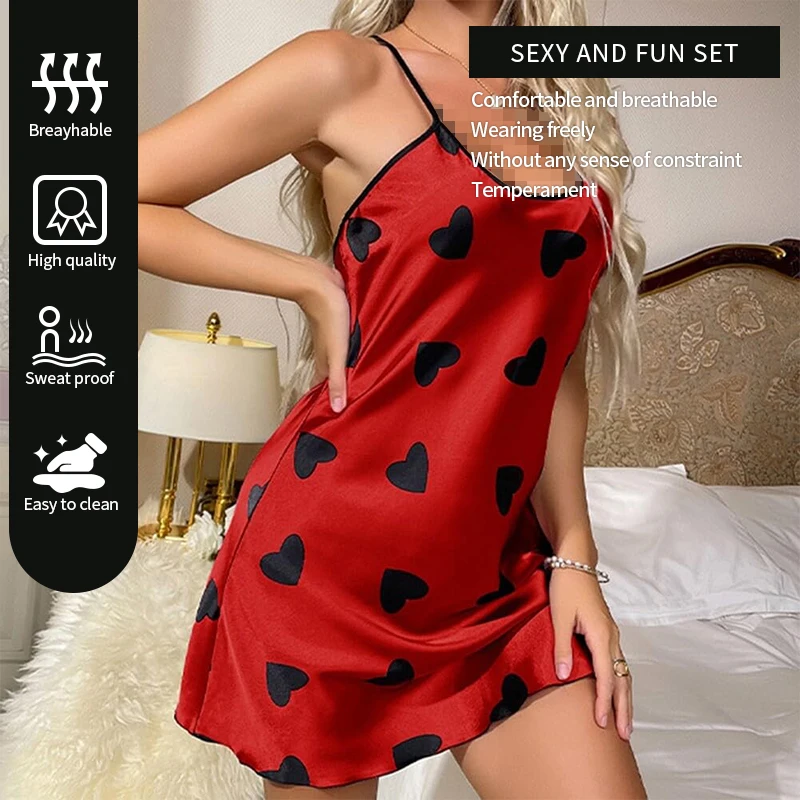 Summer New Sexy Solid Color Printed Love Style U-Neck Cross Adjustable Thin Shoulder Strap Backless Dress Pajamas