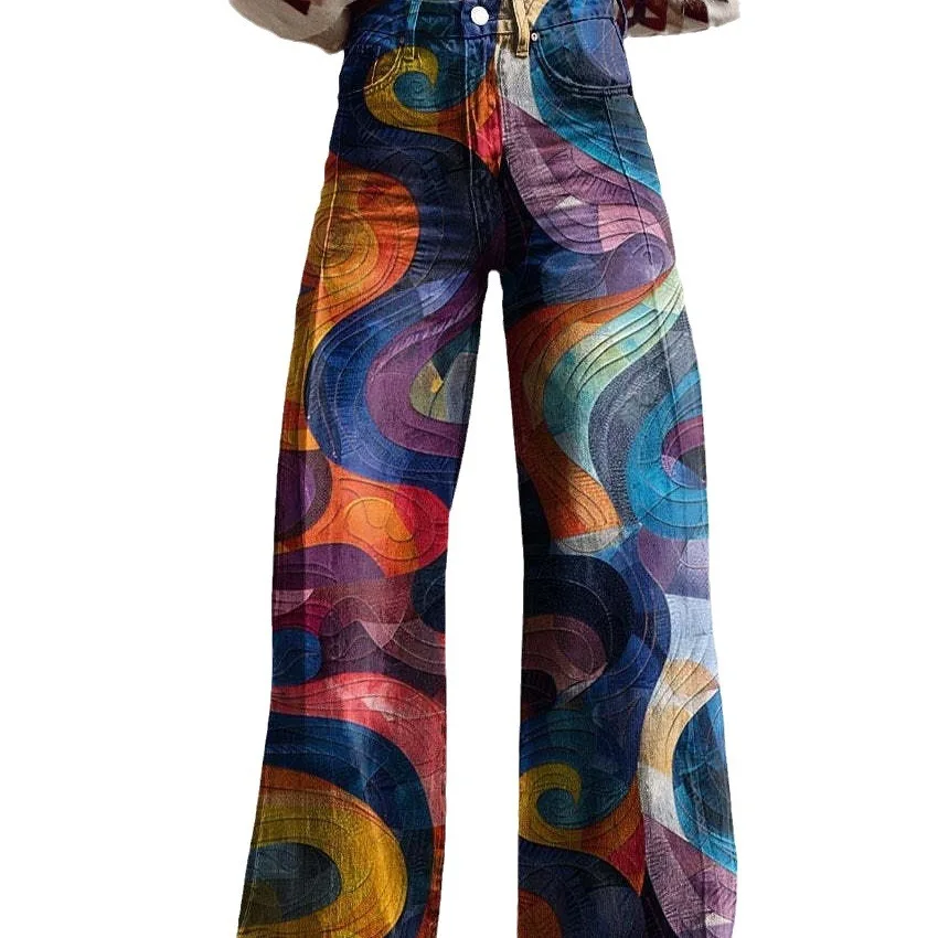 

Новинка 2023 года, женские повседневные брюки больших размеров из искусственного денима с 3D принтом, модные женские широкие расклешенные брюки