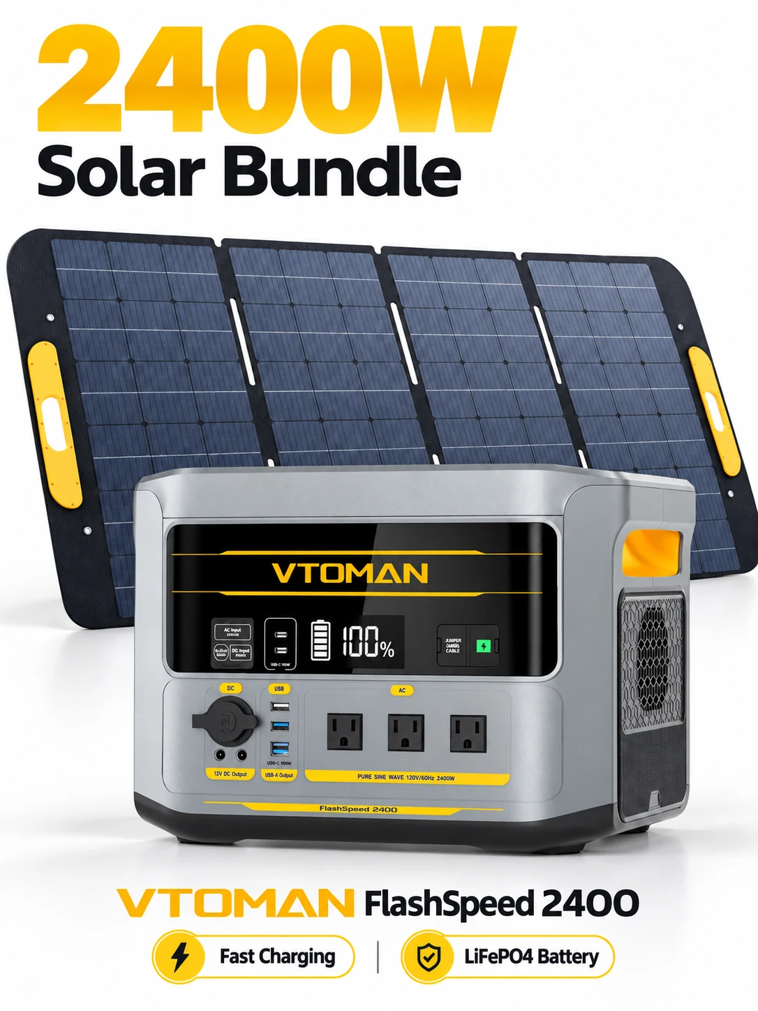 VTOMAN FlashSpeed 2400 Portable Power Station with VS400 400W Solar Panel, 2400W AC Output, 1408Wh LiFePO4 Battery, 3200W Peak, 10ms UPS & 1hr Fast Charging, Solar Generator for Home Backup, Power Outages & Camping