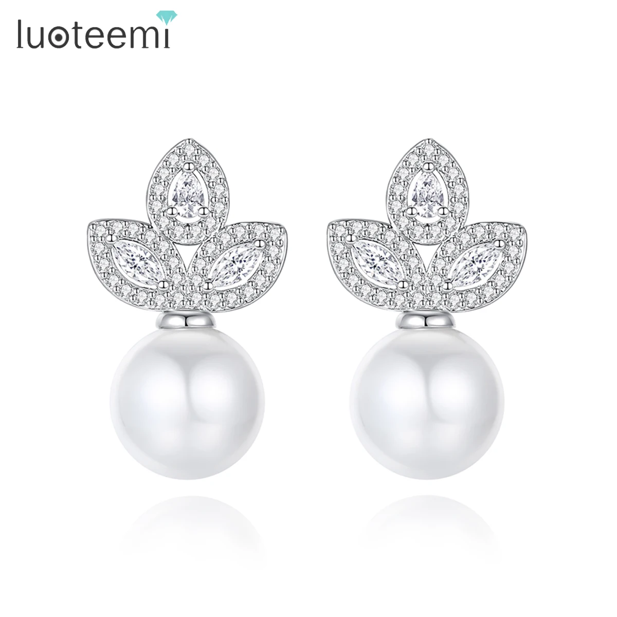 LUOTEEMI Elegant Leaves Design Cubic Zirconia Water Drop Earrings for Bridal Imitation Pearl Wedding Bride Fashion Accessories