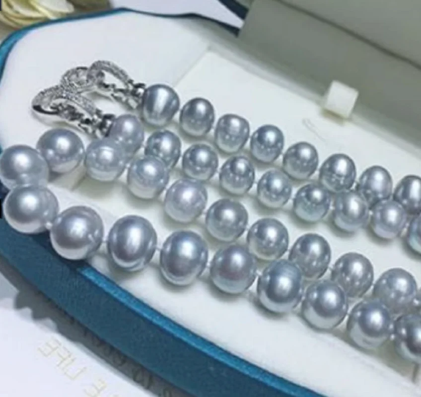 stunning AAA++ 8-9mm Japan Akoya gray pearl pendant Necklace 18 INCH 925S